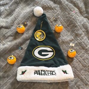 Green Bay Packers Green and White Santa Hat - Holiday Ornaments